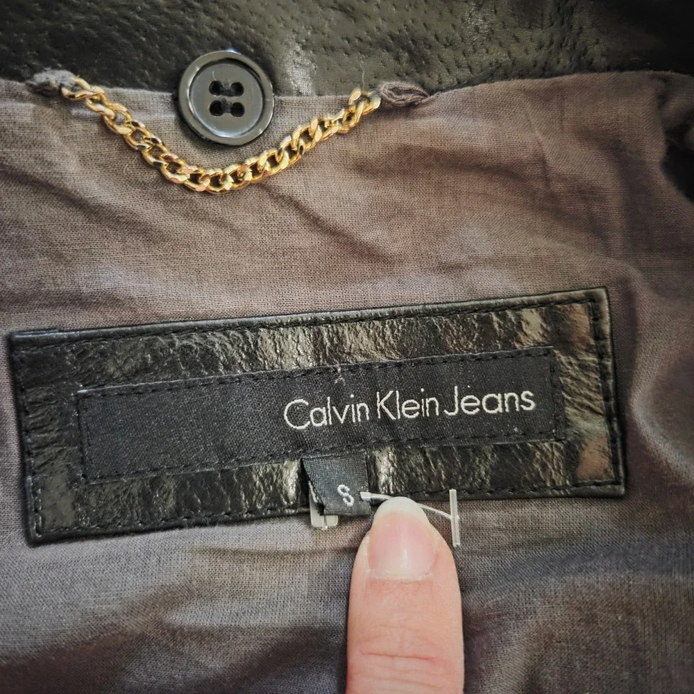 Calvin Klein Leather Jacket Y2K Sample Production Moto Black Fitted Rare GIII‎